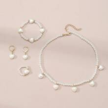 Herzförmiger Anhänger Und Perlen Schmuckset Für Kinder, Beinhaltet Halskette, Armband, Ring Und Ohrringe