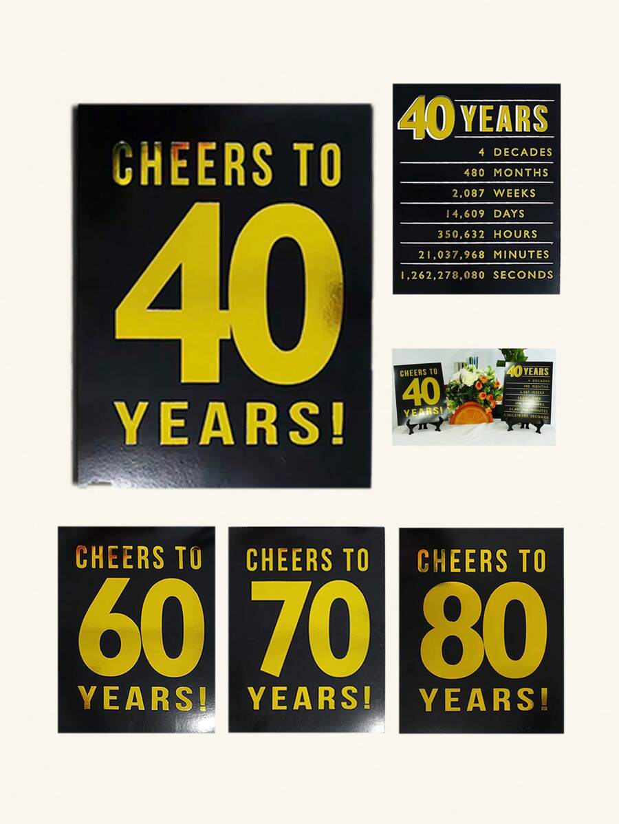 2 件裝 40 週年金色生日里程碑海報,辦公桌裝飾卡,生日派對標誌裝飾,適合男士女士