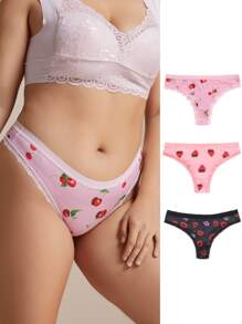 Morvia 3pcs Women Plus Size Contrast Lace Thongs Cute Red Lips & Strawberry & Cherry Pattern Multicolored Things - Multicolor - View 1