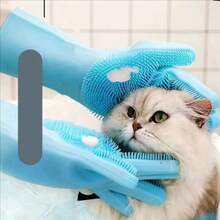 1對寵物洗澡按摩梳理毛髮手套,適用於狗和貓,使用矽膠刷 - 藍色 - 查看 3