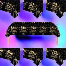 1pc Black And Gold Disposable Tablecloth With 18th 21th 30th 40th 50th 60th 70th Birthday Themed For Party, Gathering Decoration,Christmas - Black - View 1