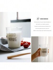 2入組容量400毫升透明玻璃杯,上面有黑色字母圖案,適用於家庭、辦公室、餐飲、餐廳、超市等場所飲用水、咖啡、牛奶、果汁等