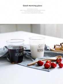 2入組容量400毫升透明玻璃杯,上面有黑色字母圖案,適用於家庭、辦公室、餐飲、餐廳、超市等場所飲用水、咖啡、牛奶、果汁等