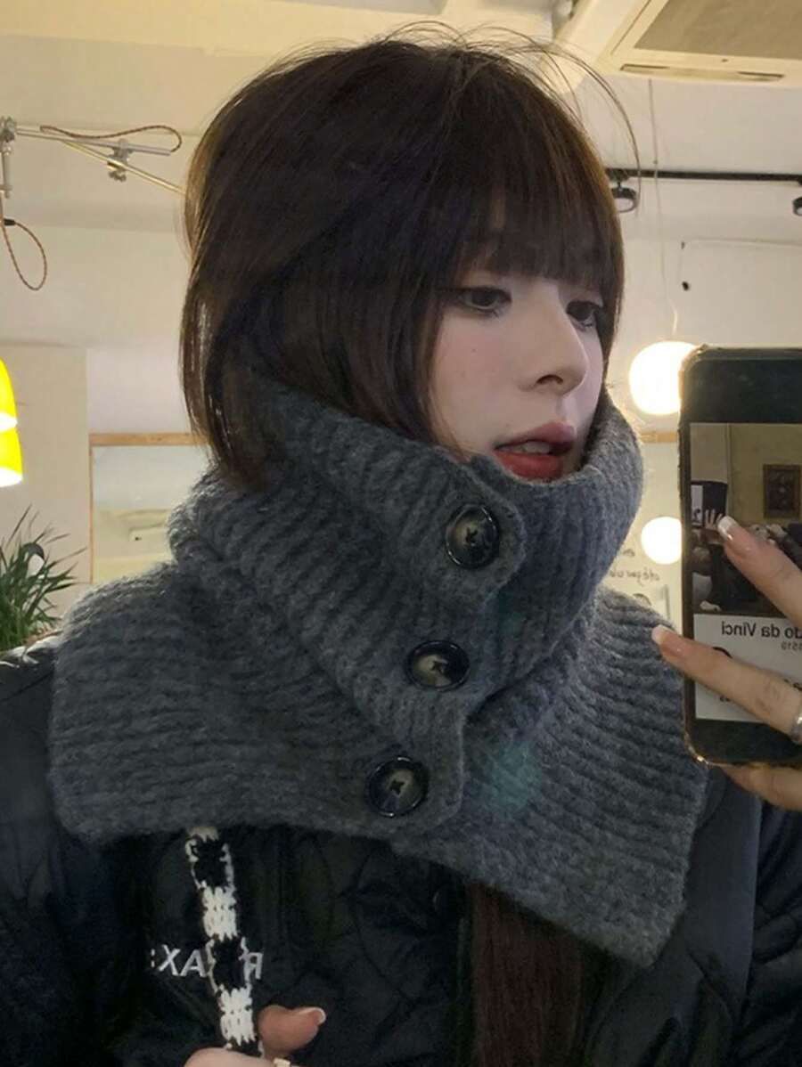 Solid Color Cashmere Button Loop Scarf, Winter Fashionable Neck Warmer - Grey - View 1