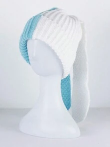 Gorro Tejido Para Mujer Con Bloques De Color Y Orejas De Conejo Largas, Lindo, De Moda Y Adecuado Para Usar Y Mantenerse Caliente En Otoño E Invierno - Celeste - Ver 2