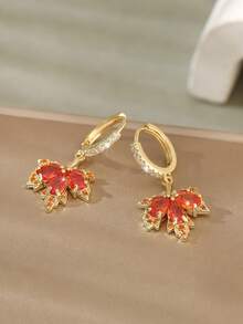 1pair Luxurious Copper & Red & Maple Leaf Shaped Dangle Earrings For Fall And Winter Date Gift - Multicolor - View 5