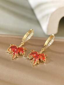 1pair Luxurious Copper & Red & Maple Leaf Shaped Dangle Earrings For Fall And Winter Date Gift - Multicolor - View 3