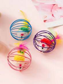 1pc Cat Mouse Toy With Feather Tail For Interactive Play, In Cage-shaped Design - Blue - View 7