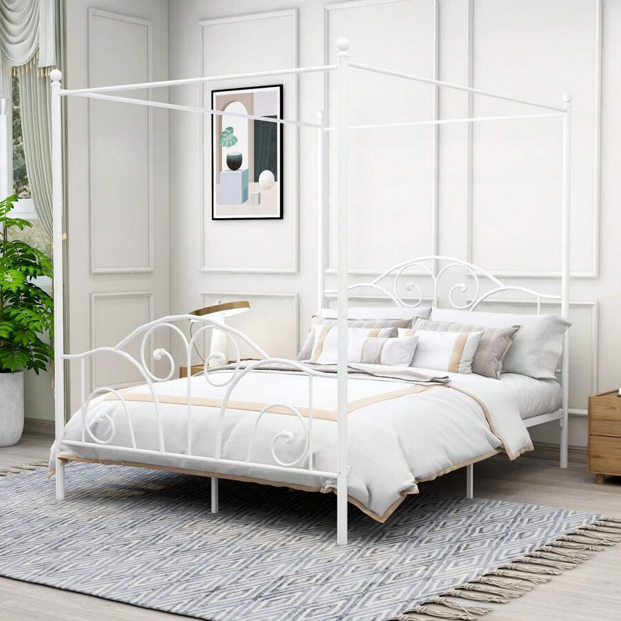 Khung giường có mái che bằng kim loại bốn cọc có đầu giường và chân giường Cấu trúc thanh trượt chắc chắn Không cần hộp lò xo - trắng - Xem 1