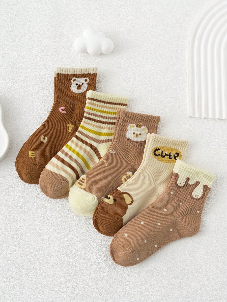5 双女孩可爱熊、字母印花和条纹设计时尚中筒袜适合日常穿着
