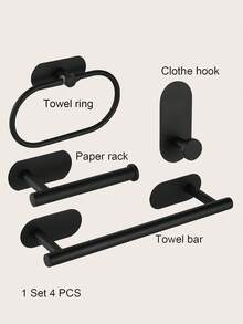 1套/組4件不銹鋼浴室掛鉤套裝,包括毛巾吊桿、毛巾環、衛生紙架和衣架