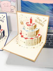 1張3d彈出式蛋糕造型生日卡片,手工製作的祝福賀卡和信封,適合丈夫,妻子,朋友的生日(金色) - 金色 - 查看 2