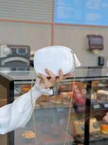 1pc Fashionable Alligator Print Small Square Crossbody Bag, Simple And Versatile, Summer New Bag For Women With Texture, High-End Feeling Shoulder Crossbody Bag With Chain, High-End Alligator Print Small Round Bag For Women, Summer New Mini Versatile Shoulder Crossbody Bag With Chain - White - View 6