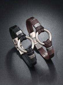1pc Handmade Leather Punk Rock Style Metal Ring Bracelet For Men, Non-Adjustable Size, Suitable For Daily Wear - Brown - View 1