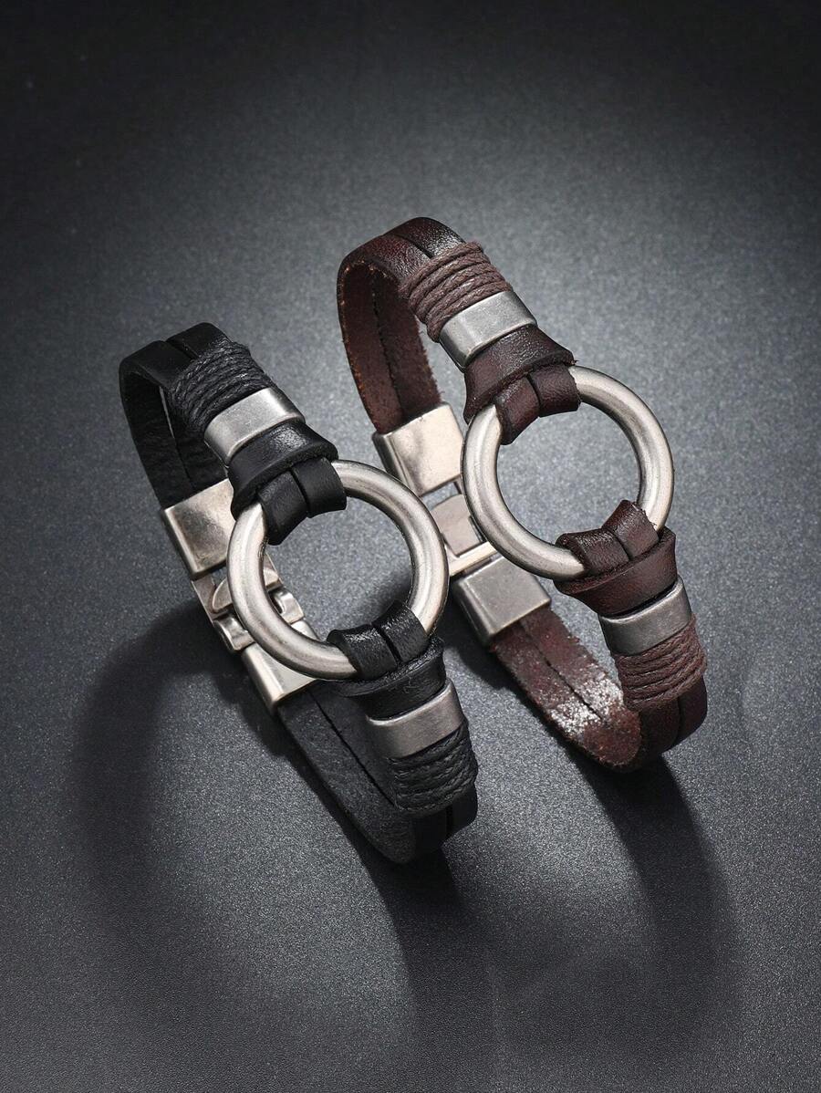 1pc Handmade Leather Punk Rock Style Metal Ring Bracelet For Men, Non-Adjustable Size, Suitable For Daily Wear - Brown - View 1