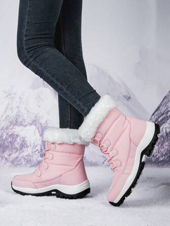 Ladies' New Winter Style Mid-calf Snow Boots With Extra Padding, Lace-up Closure, Pink Color, Short Plush, Warm And Cozy For Women