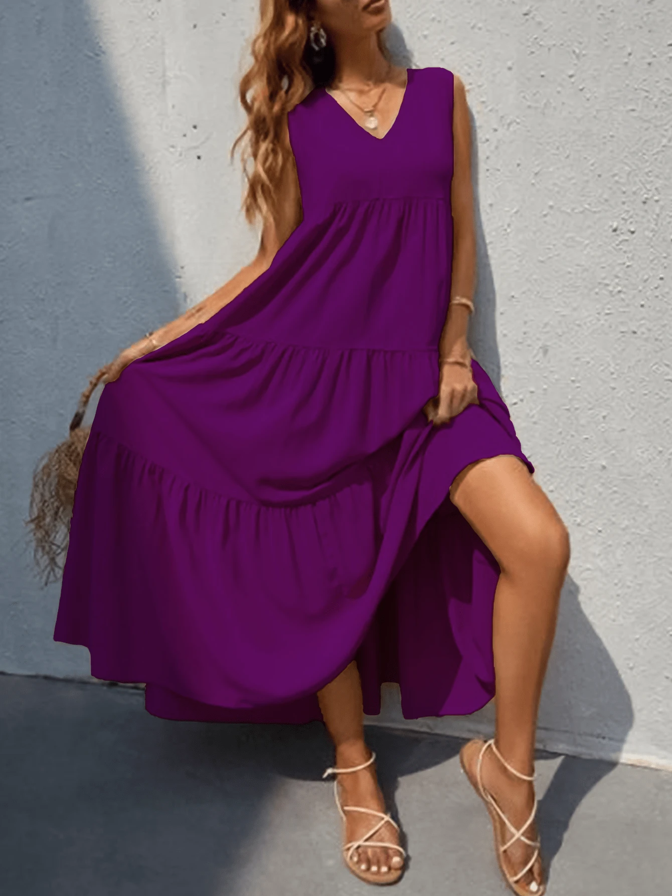Vestido largo sin mangas y cuello V - Morado - Ver 1