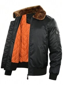 Men's Fleece Collar Bomber Jacket For Sports And Flight Clothing - Black - View 1