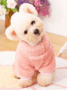 1件純色雙面絨毛帽衫,加上背部牽引環和四腳設計,適用於小貓狗的秋冬款服裝 - 粉色 - 查看 5