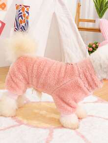 1件純色雙面絨毛帽衫,加上背部牽引環和四腳設計,適用於小貓狗的秋冬款服裝 - 粉色 - 查看 4