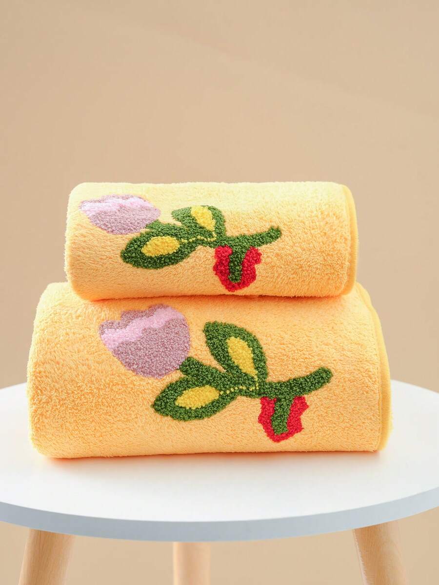 1pc Tulip Flower Patterned Towel Bath Towel - Yellow - View 1