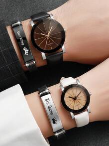 男士和女士真皮表带时尚简约表盘石英腕表 + 男士和女士真皮手链（4 件/套）作为返校学生的礼物 - 黑與白 - 查看 1