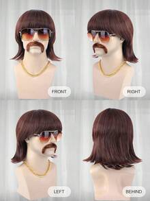 1入組男士中等直筒角色扮演合成假髮帶劉海和1入組假髮帽 - 棕色 - 查看 5