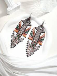 1對歐美波西米亞風格米色玻璃珠流蘇吊墜耳環,適合女性日常佩戴 - 彩色 - 查看 1