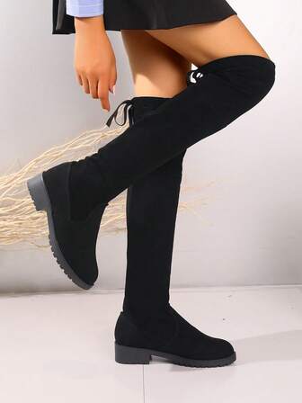 Black Elastic Over The Knee High Boots
