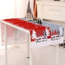 1片灰色聖誕裝飾森林聖誕老人和雪花設計麻質桌布,帶桌旗,家庭餐桌裝飾 - 灰色 - 查看 1