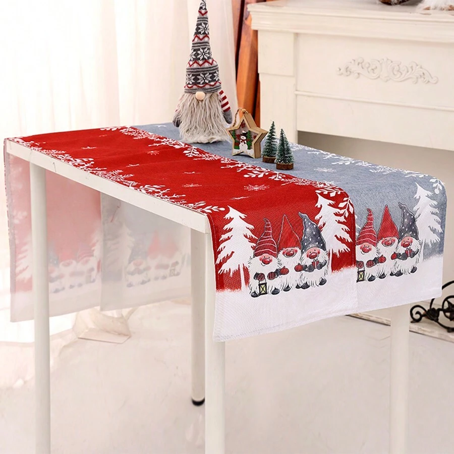 1片灰色聖誕裝飾森林聖誕老人和雪花設計麻質桌布,帶桌旗,家庭餐桌裝飾 - 灰色 - 查看 1