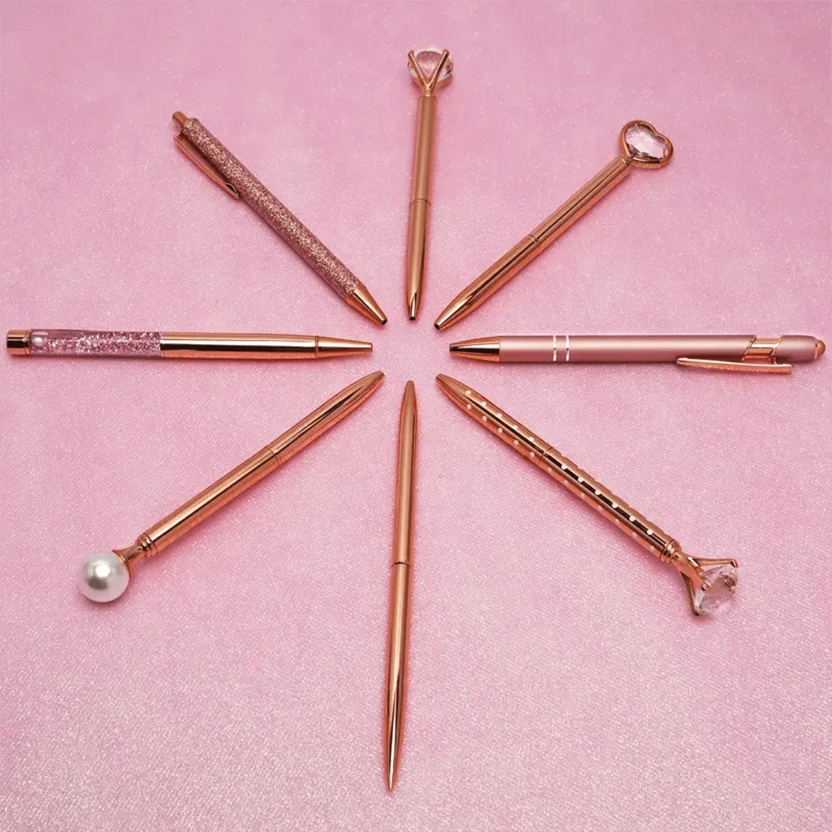8pcs Rose Golden Pens Crystal Heart Diamond Shape Ballpoint Pen for