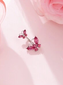 1pc Women's Butterfly Design Belly Button Ring With Zirconia - Pink - View 3