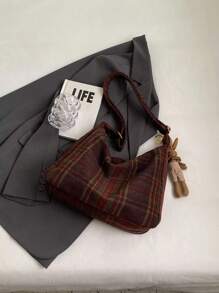 Plaid Block Large Capacity Women's Shoulder Bag Crossbody Bag Tote Bag , Office Bag - Burgundy - View 7