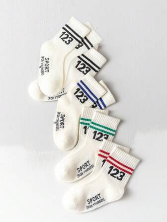 5pairs/set Spring/summer Thin Mesh Alphabet & Number Print High Elasticity Mid-calf Socks