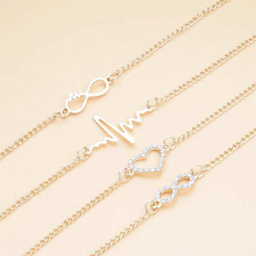 Conjunto De Pulsera De Cadena De Cuerda Bohemia Con Corazón Encantador De Cristal - Joyería Bohemia - Dorado - Ver 1