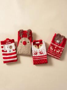Merry Christmas 4 Pairs Women/Men/Kids Family Matching Mid-Calf Socks, Red Socks With Bear/Dog/Christmas Reindeer Stripe Pattern, Odor-Resistant Breathable Casual Fashionable Cute, Suitable For Christmas Gift/Party, Random Style - Multicolor - View 3