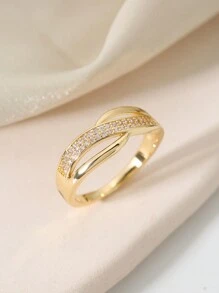 1pc Double Row Cubic Zirconia Inlaid Gold-Plated Ring For Women's Daily Wear - Yellow Gold - View 2