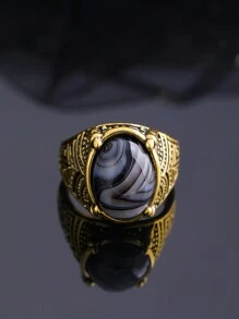 歐美時尚運動潮流男士天然黑色瑪瑙石彩色石頭復古華麗男戒