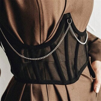 1pc Mesh Patchwork Chain Sexy Bustier Crop Top With Underwired Halter Tie Waist Camisole, Suitable For Party, Banquet, Nightclub In Springwomen Corset Belt Accessories For Ladies For Dress Goth Punk Chain Decor Black Belt Women Corset Belt For Dress,Waist Trainer Waist-Shaping For Waist Slimming And Tummy Control Halloween Costume