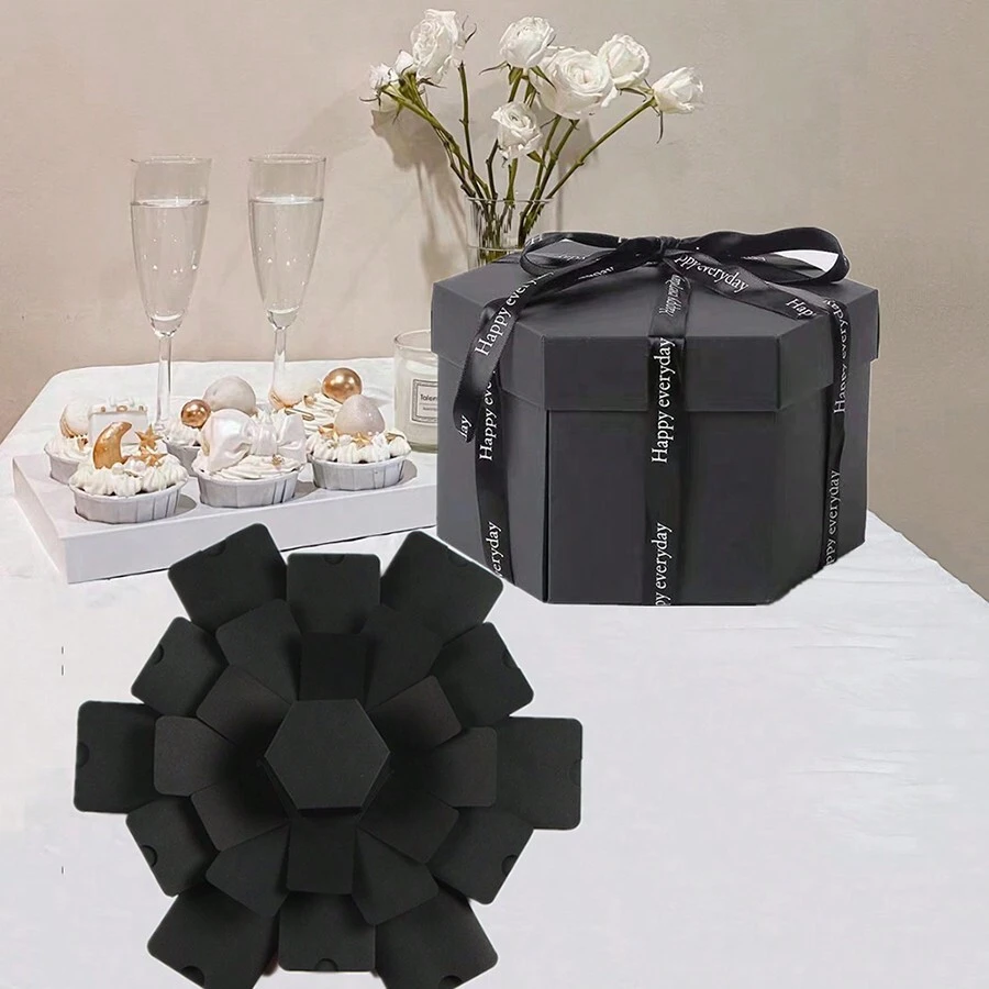 1 件惊喜礼盒，配黑色礼品包装盒，DIY 六角形爆炸盒，主要用于定制照片盒，适合生日、周年纪念日和情人节返校情人节
