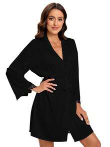 2 Piezas/set Ropa De Dormir / Ropa De Estar En Casa De Encaje Negro - Negro - Ver 2