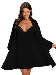 2 Piezas/set Ropa De Dormir / Ropa De Estar En Casa De Encaje Negro - Negro - Ver 4