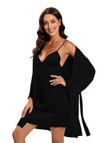 2 Piezas/set Ropa De Dormir / Ropa De Estar En Casa De Encaje Negro - Negro - Ver 1