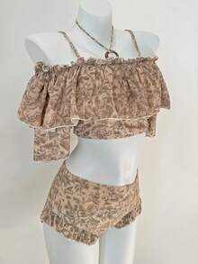 Set da 3 pezzi di costumi da bagno per donna, costume da bagno con gonna rimovibile, spalle scoperte e rifiniture arricciate, adatto per spiaggia, viaggio e spa estiva