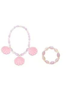 Bộ 3 món/bộ vòng cổ, vòng tay, khuyên tai kẹp ngọc trai đính đá cho bé gái, trang phục đi nghỉ ở bãi biển - Hồng - Xem 3