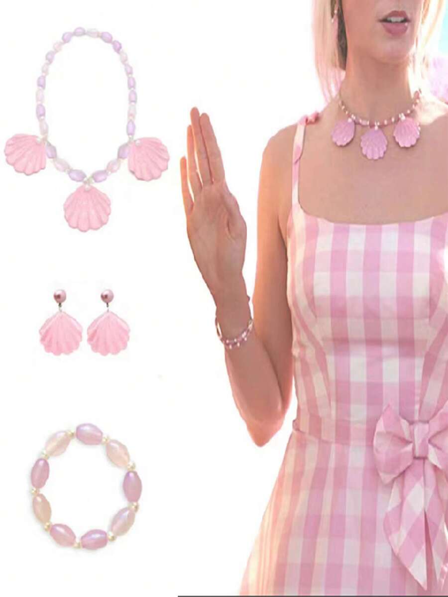 Bộ 3 món/bộ vòng cổ, vòng tay, khuyên tai kẹp ngọc trai đính đá cho bé gái, trang phục đi nghỉ ở bãi biển - Hồng - Xem 1