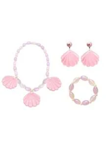 Bộ 3 món/bộ vòng cổ, vòng tay, khuyên tai kẹp ngọc trai đính đá cho bé gái, trang phục đi nghỉ ở bãi biển - Hồng - Xem 4