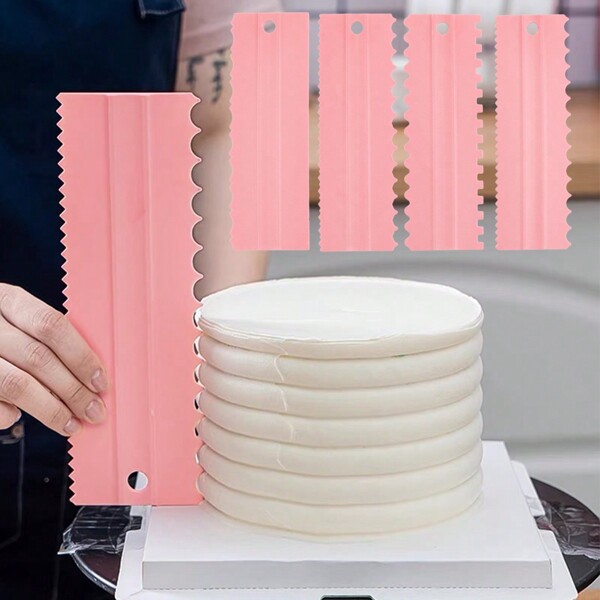 4pcs Cake Scrapers Set Decorating Comb and Icing Smoother, Plastic Sawtooth Scraper Polisher Butter Mousse Cream Cake Edge DIY Tool -8 Design Textures