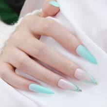 ¡actualiza Tu Estilo! 24 Piezas / Set Uñas Postizas En Forma De Estilete Largo Con Decoración De Pedrería, Uñas Postizas Con Cobertura Completa Y Prensado De Color Para Mujeres Y Niñas - Celeste - Ver 5